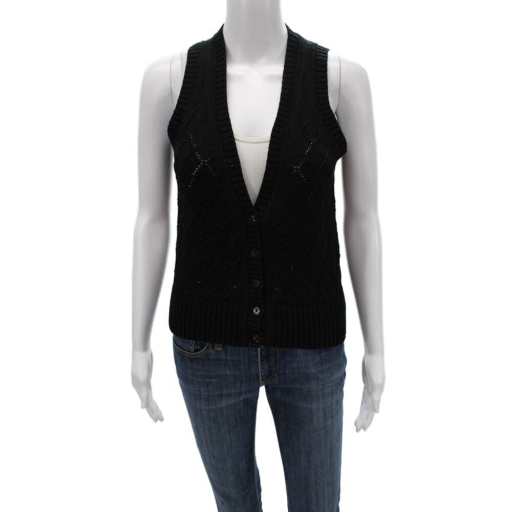 Feller Women V-Neck Sleeveless Argyle Cotton Vest Sweater Black Size XS